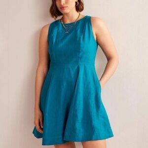 BODEN WOMENS LINEN FIT AND FLARE DRESS TEAL BLUE 6 PETITE